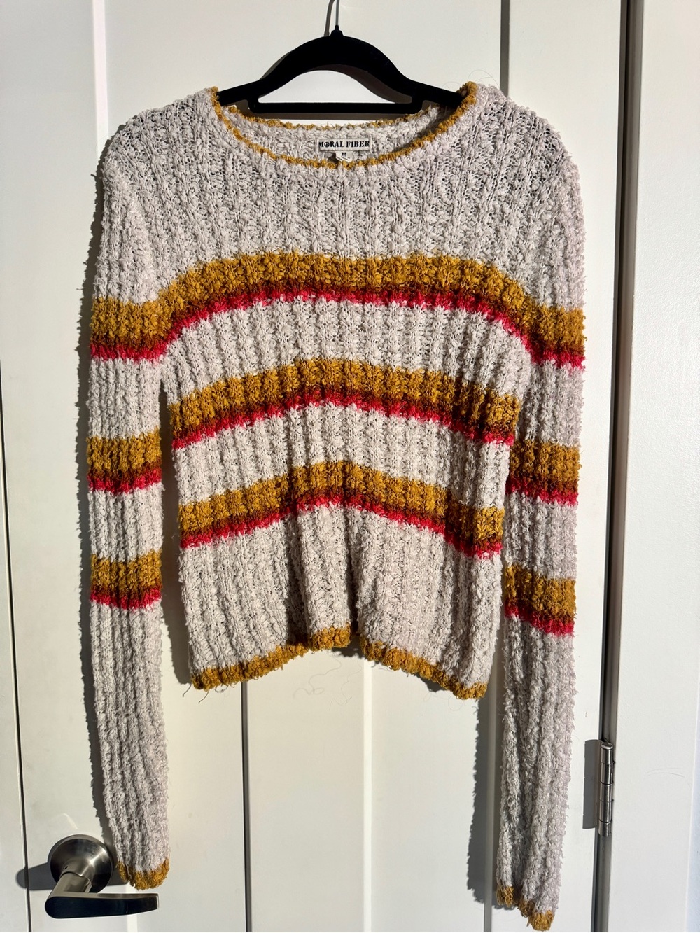 Moral Fiber Cream Crewneck Sweater with Gold and Pink Sleeve Stripes